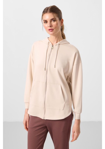 Bej Yumuşak Dokulu Kapüşonlu Oversize Kadın Tunik Sweatshirt - 97302 indirimleri