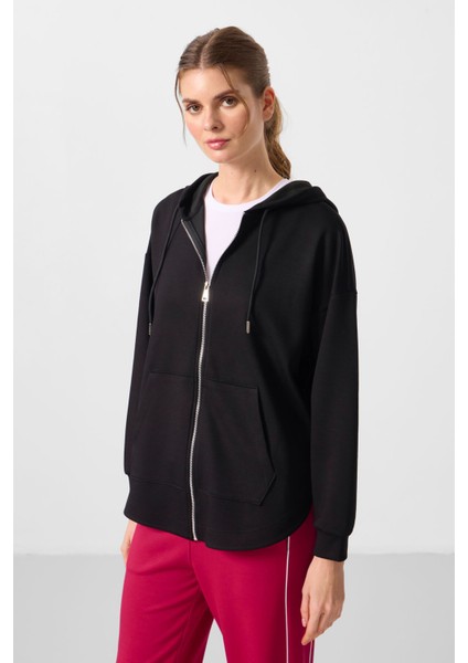 Siyah Yumuşak Dokulu Kapüşonlu Oversize Kadın Tunik Sweatshirt - 97302