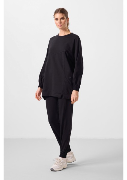 Siyah O Yaka Basic Oversize Kadın Eşofman Tunik Takım - 95347