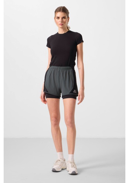 Haki Polyester Gizli Cep Fermuarlı Standart Kalıp Kadın Içi Taytlı Şort - 91015