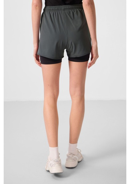 Haki Polyester Gizli Cep Fermuarlı Standart Kalıp Kadın Içi Taytlı Şort - 91015 indirimleri