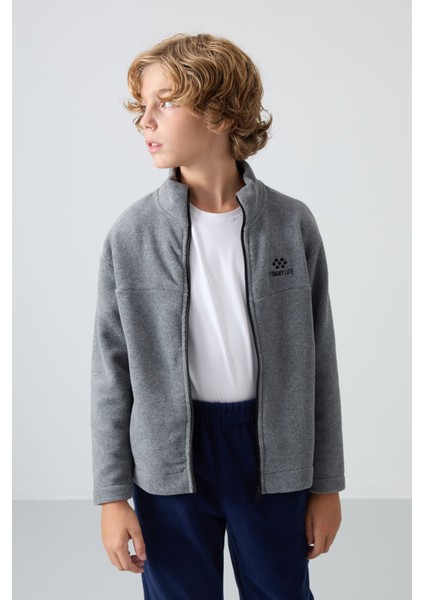 Gri Melanj Kalın Yumuşak Dokulu Standart Fit Nakışlı Polar Erkek Çocuk Sweatshirt - 11223