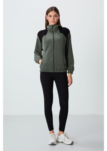 Haki Kalın Yumuşak Dokulu Dik Yaka Oversize Nakışlı Polar Kadın Sweatshirt - 97293 fiyatları