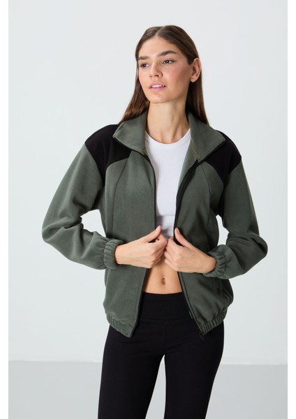 Haki Kalın Yumuşak Dokulu Dik Yaka Oversize Nakışlı Polar Kadın Sweatshirt - 97293 modelleri