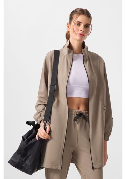 Koyu Bej Dik Yaka Fermuarlı Rahat Form Kadın Eşofman Tunik Takım - 95345 modelleri