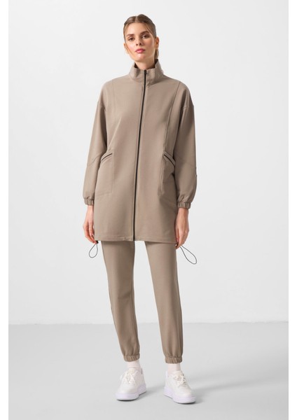 Koyu Bej Dik Yaka Fermuarlı Rahat Form Kadın Eşofman Tunik Takım - 95345 indirimleri