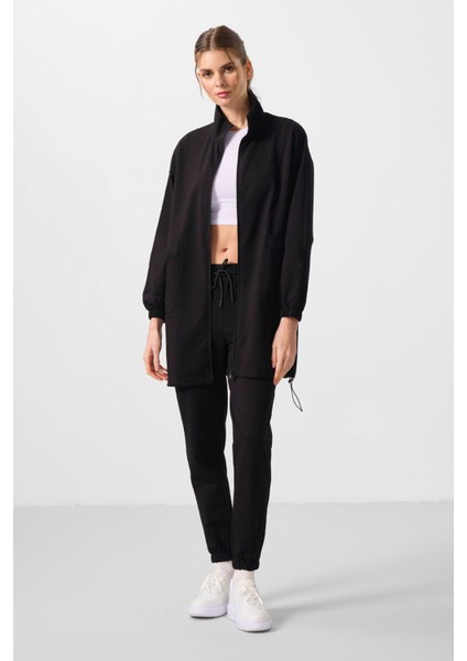 Siyah Dik Yaka Fermuarlı Rahat Form Kadın Eşofman Tunik Takım - 95345