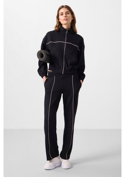 Siyah Yumuşak Dokulu Dik Yaka Oversize Lastikli Kadın Eşofman Takım - 95349