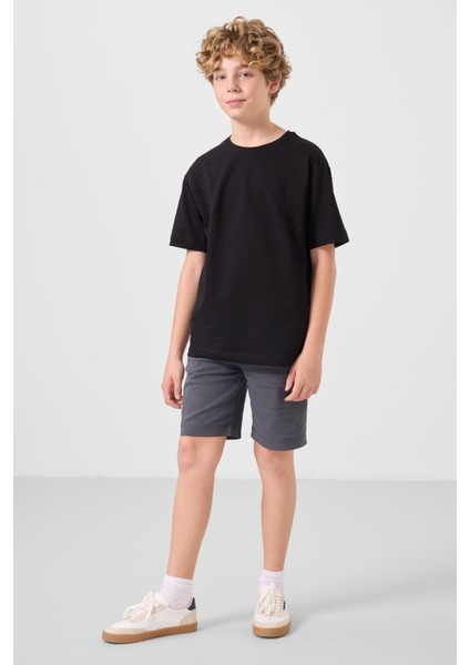 Siyah-Gri Pamuklu Oversize Fit Dokuma Hafif Esnek Chino Erkek Çocuk Şort Takım - 11277 modelleri
