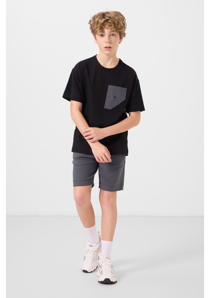 Siyah-Gri Pamuklu Oversize Fit Dokuma Hafif Esnek Chino Erkek Çocuk Şort Takım - 11278