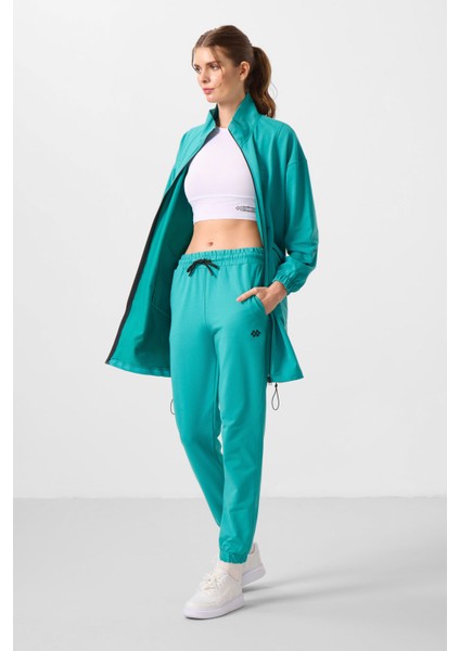 Deniz Yeşil Dik Yaka Fermuarlı Rahat Form Kadın Eşofman Tunik Takım - 95345