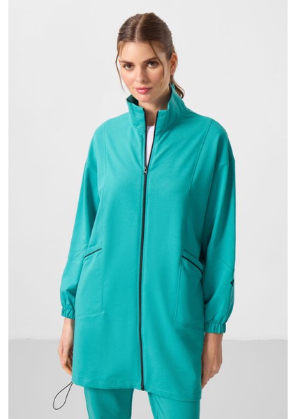 Deniz Yeşil Dik Yaka Fermuarlı Rahat Form Kadın Eşofman Tunik Takım - 95345 modelleri