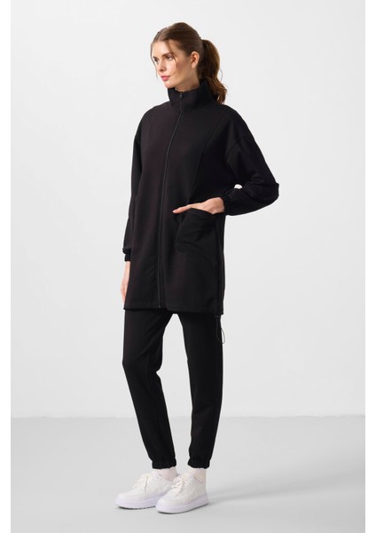 Siyah Dik Yaka Fermuarlı Rahat Form Kadın Eşofman Tunik Takım - 95345 indirimleri