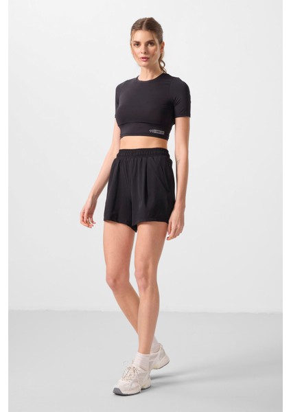 Siyah Polyester Gizli Cep Fermuarlı Rahat Form Kadın Şort - 91014