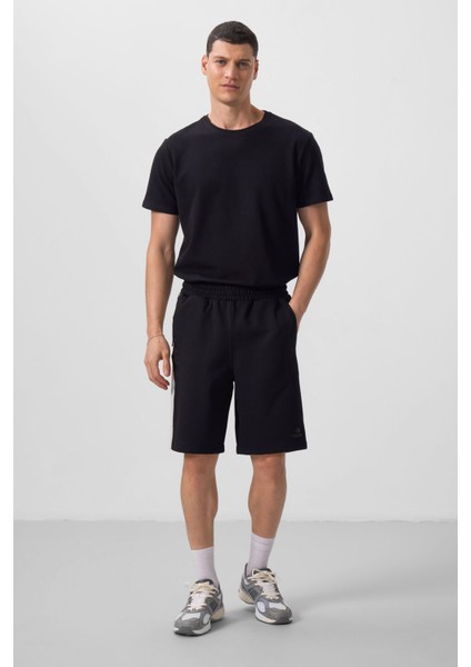 Siyah-Bej Yüzeyi Dokulu Oversize Erkek Şort - 81288