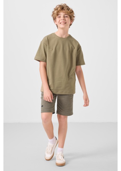 Koyu Bej-Camel Pamuklu Oversize Fit Dokuma Hafif Esnek Chino Erkek Çocuk Şort Takım - 11277