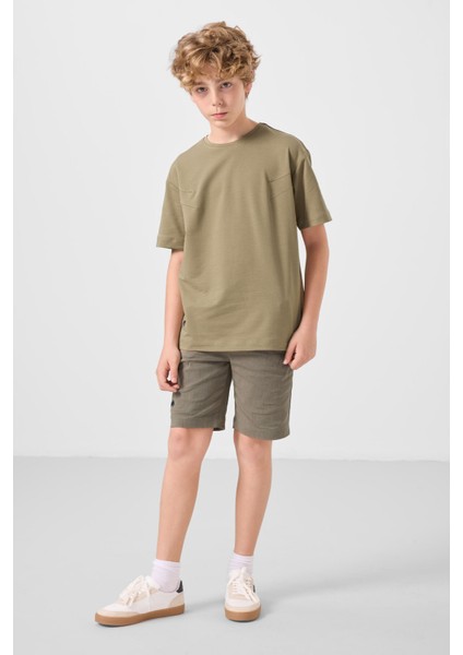 Koyu Bej-Camel Pamuklu Oversize Fit Dokuma Hafif Esnek Chino Erkek Çocuk Şort Takım - 11277 modelleri