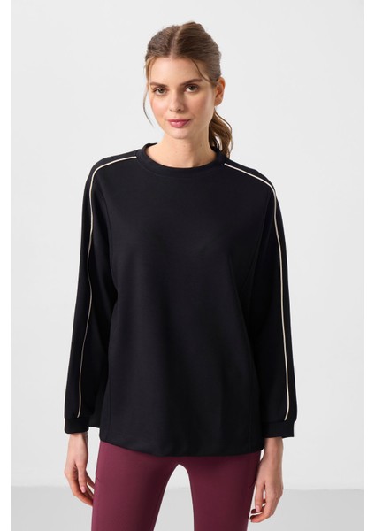 Siyah Yumuşak Dokulu O Yaka Oversize Kadın Tunik Sweatshirt - 97303
