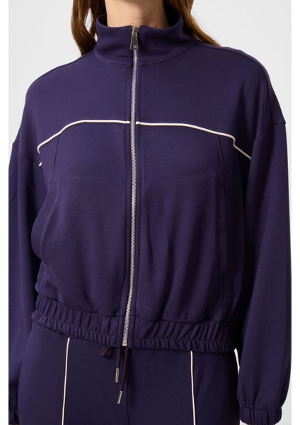 Koyu Mor Yumuşak Dokulu Dik Yaka Oversize Lastikli Kadın Eşofman Takım - 95349 indirimleri