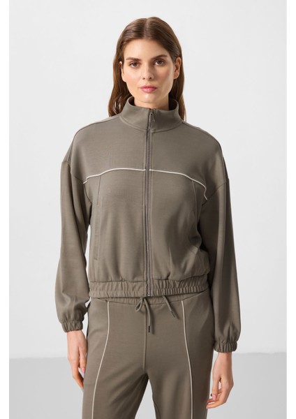 Koyu Bej Yumuşak Dokulu Dik Yaka Oversize Lastikli Kadın Eşofman Takım - 95349 modelleri