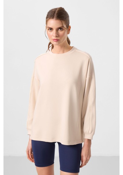 Bej Yumuşak Dokulu O Yaka Oversize Kadın Tunik Sweatshirt - 97303