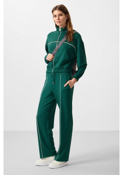 Yeşil Yumuşak Dokulu Dik Yaka Oversize Lastikli Kadın Eşofman Takım - 95349