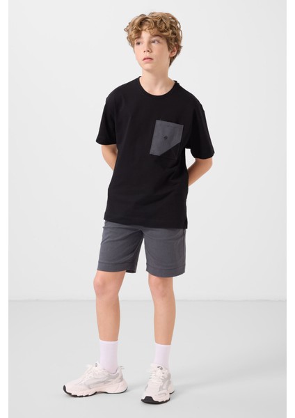 Siyah-Gri Pamuklu Oversize Fit Dokuma Hafif Esnek Chino Erkek Çocuk Şort Takım - 11278 modelleri
