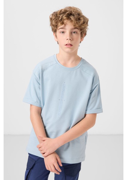 Açık Mavi Pamuklu Yumuşak Dokulu Oversize Baskılı Erkek Çocuk T-Shirt - 11301 fırsatları