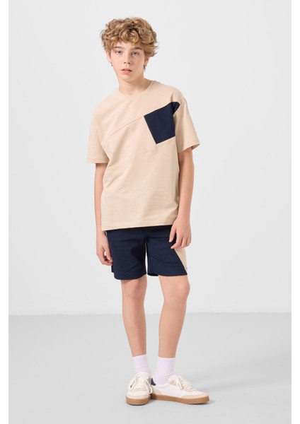 Bej-Lacivert Pamuklu Oversize Fit Dokuma Hafif Esnek Chino Erkek Çocuk Şort Takım - 11275