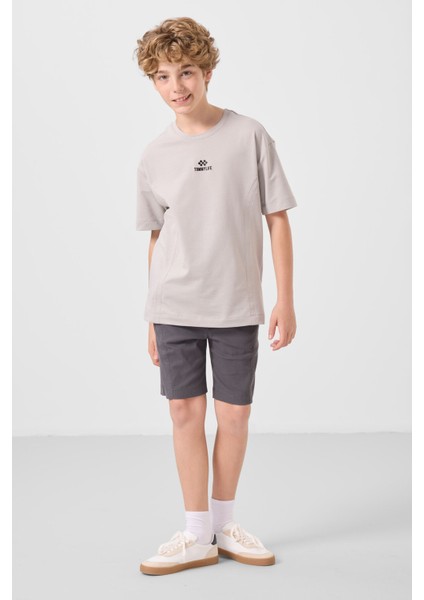 Taş-Antrasit Pamuklu Oversize Fit Dokuma Hafif Esnek Chino Erkek Çocuk Şort Takım - 11276