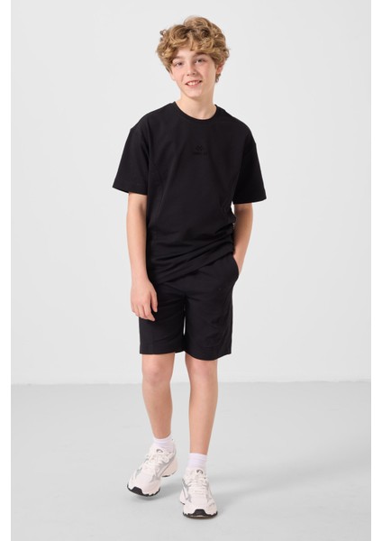 Siyah Pamuklu Oversize Fit Dokuma Hafif Esnek Chino Erkek Çocuk Şort Takım - 11276