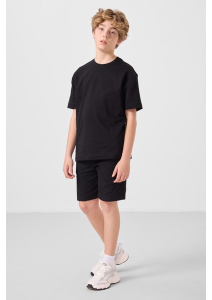 Siyah Pamuklu Oversize Fit Dokuma Hafif Esnek Chino Erkek Çocuk Şort Takım - 11276 modelleri