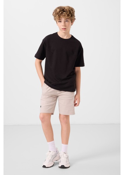 Siyah-Taş Pamuklu Oversize Fit Dokuma Hafif Esnek Chino Erkek Çocuk Şort Takım - 11277