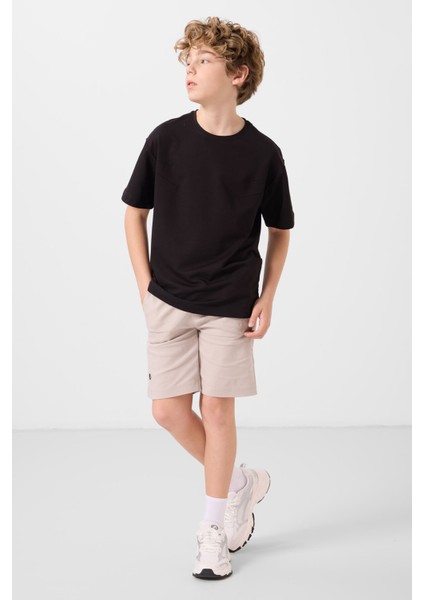 Siyah-Taş Pamuklu Oversize Fit Dokuma Hafif Esnek Chino Erkek Çocuk Şort Takım - 11277 modelleri