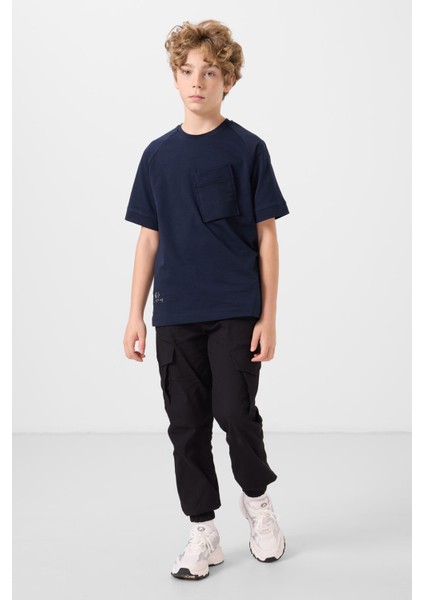 Lacivert Pamuklu Yumuşak Dokulu Oversize Cep Detaylı Erkek Çocuk T-Shirt - 11295 fiyatları