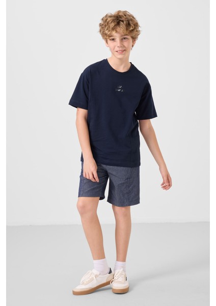 Lacivert-Kot Lacivert Pamuklu Oversize Fit Dokuma Hafif Esnek Chino Erkek Çocuk Şort Takım - 11276