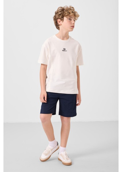 Ekru-Lacivert Pamuklu Oversize Fit Dokuma Hafif Esnek Chino Erkek Çocuk Şort Takım - 11276