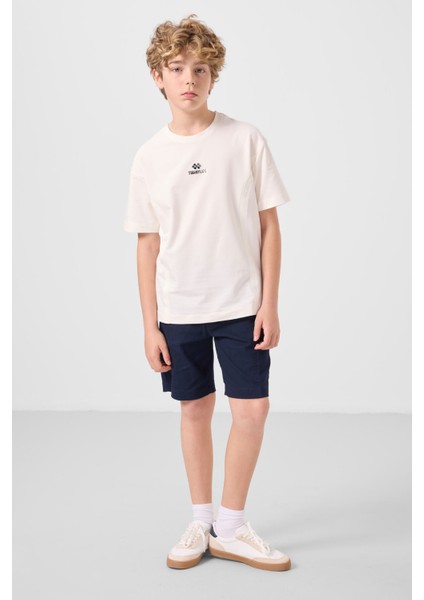 Ekru-Lacivert Pamuklu Oversize Fit Dokuma Hafif Esnek Chino Erkek Çocuk Şort Takım - 11276 modelleri