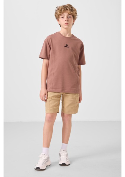 Tarçın-Koyu Bej Pamuklu Oversize Fit Dokuma Hafif Esnek Chino Erkek Çocuk Şort Takım - 11276