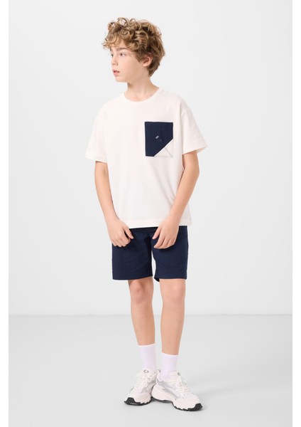 Ekru-Lacivert Pamuklu Oversize Fit Dokuma Hafif Esnek Chino Erkek Çocuk Şort Takım - 11278 modelleri