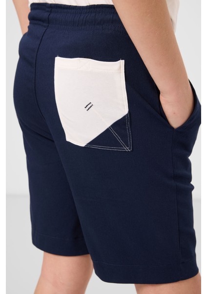 Ekru-Lacivert Pamuklu Oversize Fit Dokuma Hafif Esnek Chino Erkek Çocuk Şort Takım - 11278 indirimleri