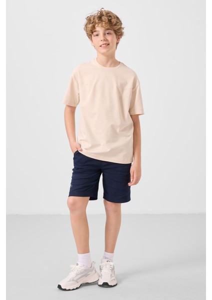 Bej-Lacivert Pamuklu Oversize Fit Dokuma Hafif Esnek Chino Erkek Çocuk Şort Takım - 11277