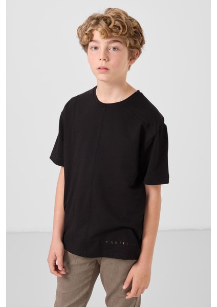 Siyah Pamuklu Yumuşak Dokulu Oversize Basic Erkek Çocuk T-Shirt - 11297