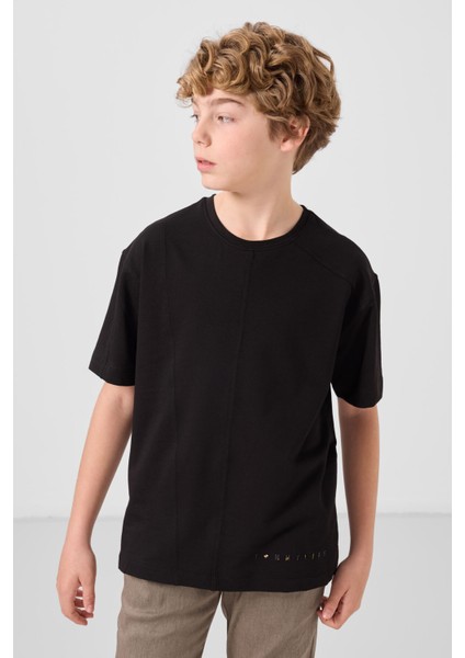 Siyah Pamuklu Yumuşak Dokulu Oversize Basic Erkek Çocuk T-Shirt - 11297 modelleri
