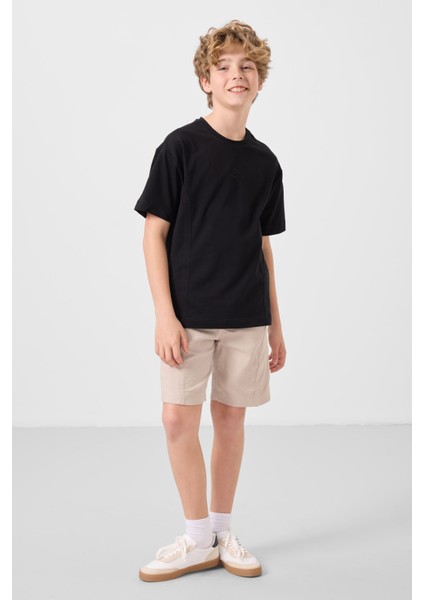 Siyah-Taş Pamuklu Oversize Fit Dokuma Hafif Esnek Chino Erkek Çocuk Şort Takım - 11276