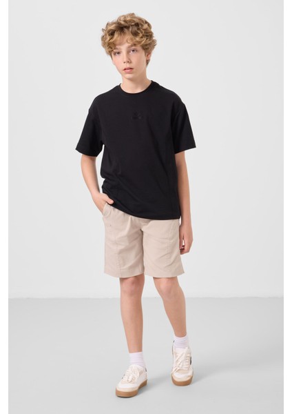 Siyah-Taş Pamuklu Oversize Fit Dokuma Hafif Esnek Chino Erkek Çocuk Şort Takım - 11276 modelleri