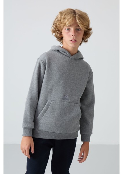 Gri Melanj Pamuklu Kalın İçi Tüylü Yumuşak Dokulu Standart Fit Baskılı Erkek Çocuk Sweatshirt - 11215
