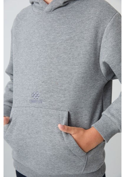 Gri Melanj Pamuklu Kalın İçi Tüylü Yumuşak Dokulu Standart Fit Baskılı Erkek Çocuk Sweatshirt - 11215 modelleri