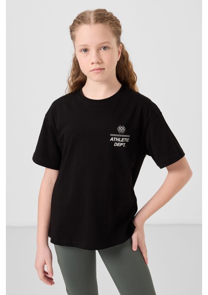 Siyah Pamuklu O Yaka Oversize Fit Baskılı Kız Çocuk T-Shirt - 75178