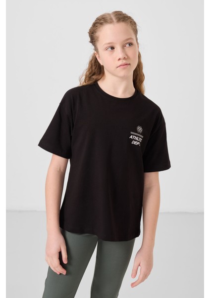 Siyah Pamuklu O Yaka Oversize Fit Baskılı Kız Çocuk T-Shirt - 75178 modelleri